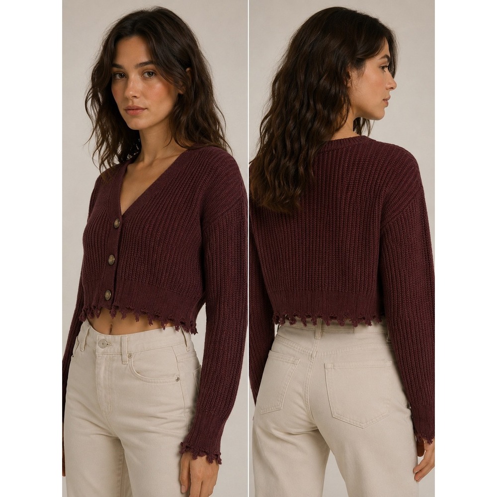 No‎ Comment NY-LA Cropped Distressed Cardigan Sweater Women's Mauve Boho Knit